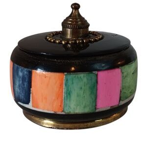 Trinket Box Wood & Brass W/ Multicolor Inlay Rectangle Panels India 2" x 1.5"